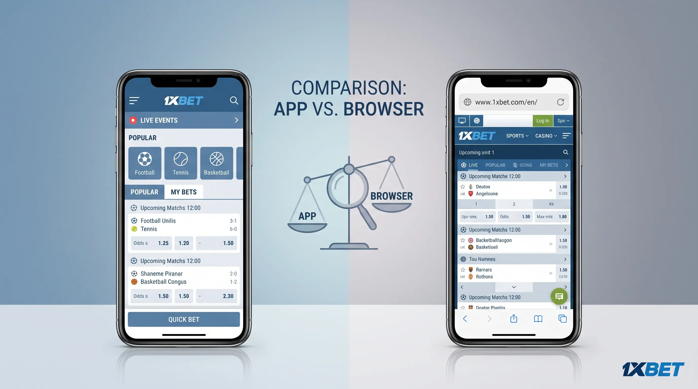 1xBet mobile app vs site Two smartphones compared side by side, illustrating the 1xbet mobile app versus mobile site review.