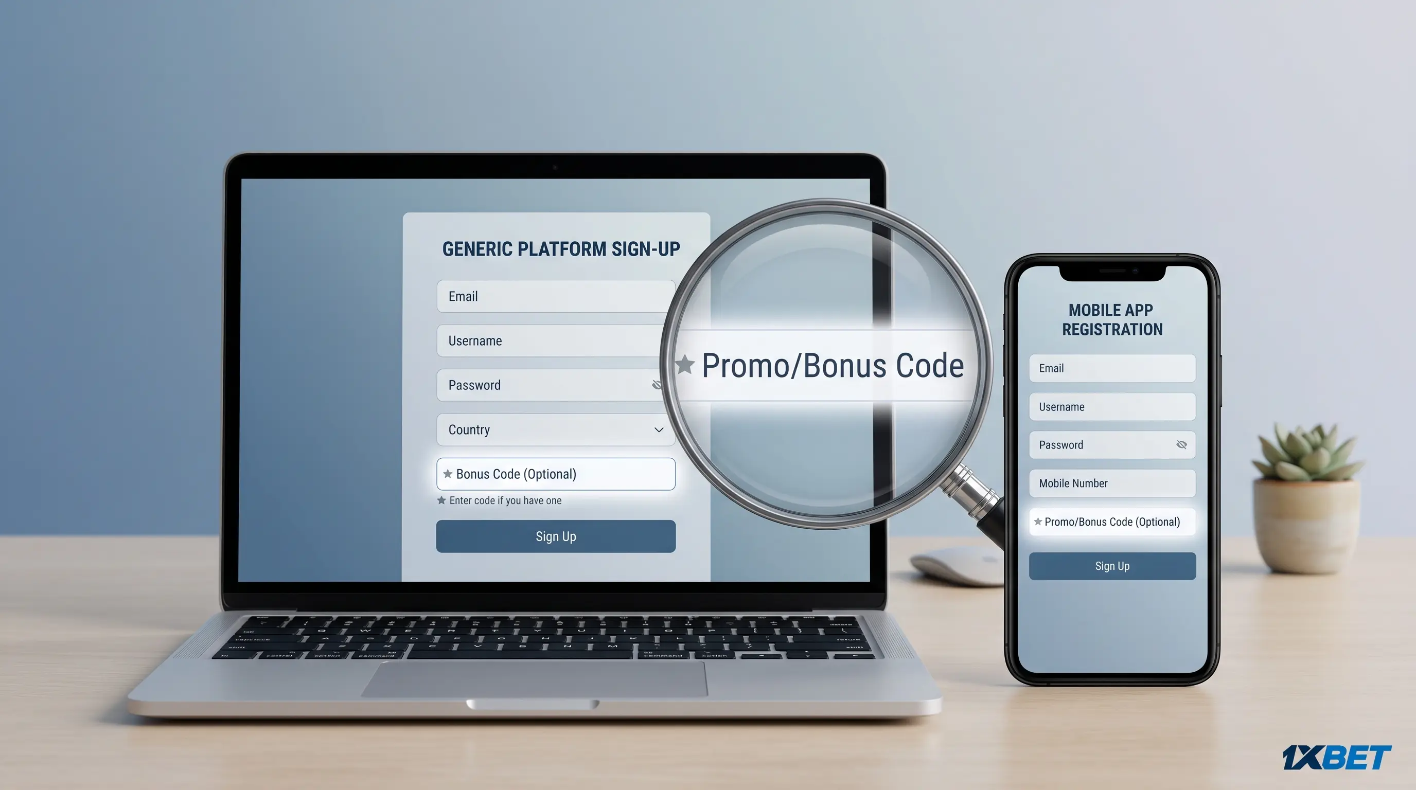 Is the 1xBet bonus code real? Laptop and smartphone with a magnifying glass over a bonus field, illustrating whether a 1xbet bonus code is real.