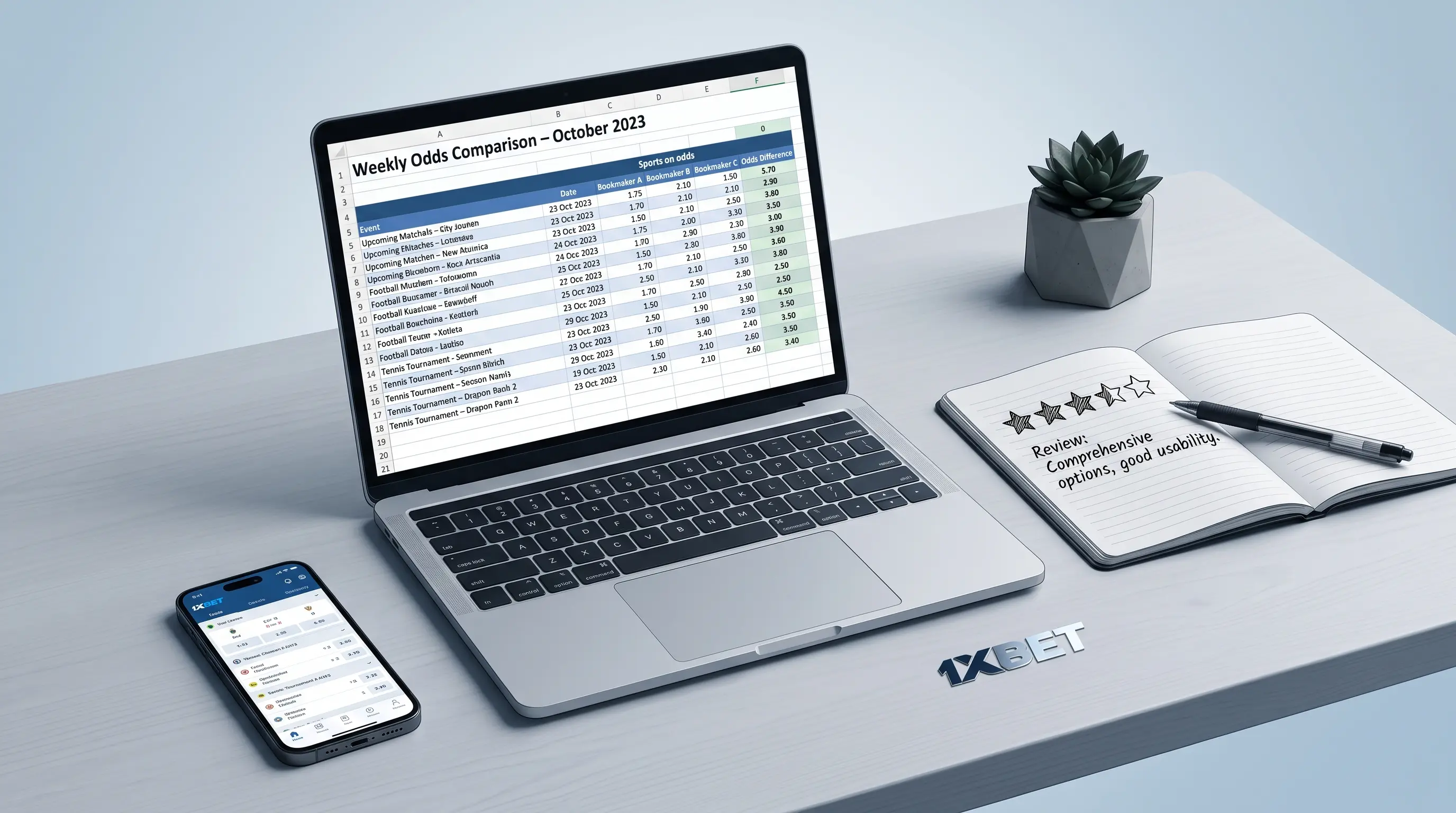 1xBet review: pros and cons Laptop with a sports-odds comparison spreadsheet and a hand-sketched star rating, illustrating an honest 1xbet review.